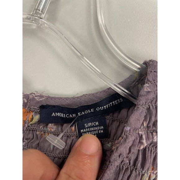 American Eagle Floral Sheer Blouse Smocked Long Flare Sleeve Violet/Multi Small - Picture 8 of 9